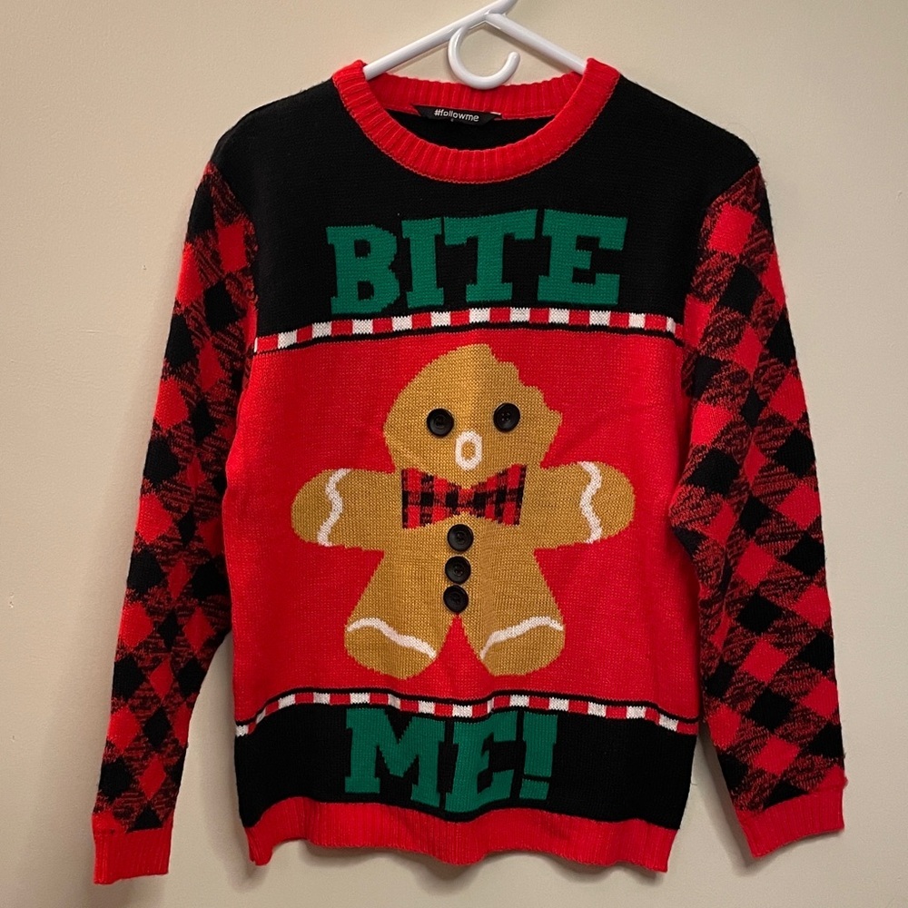 #followme Bite Me Gingerbread Man Ugly Christmas‎ Sweater Red Black Plaid Medium